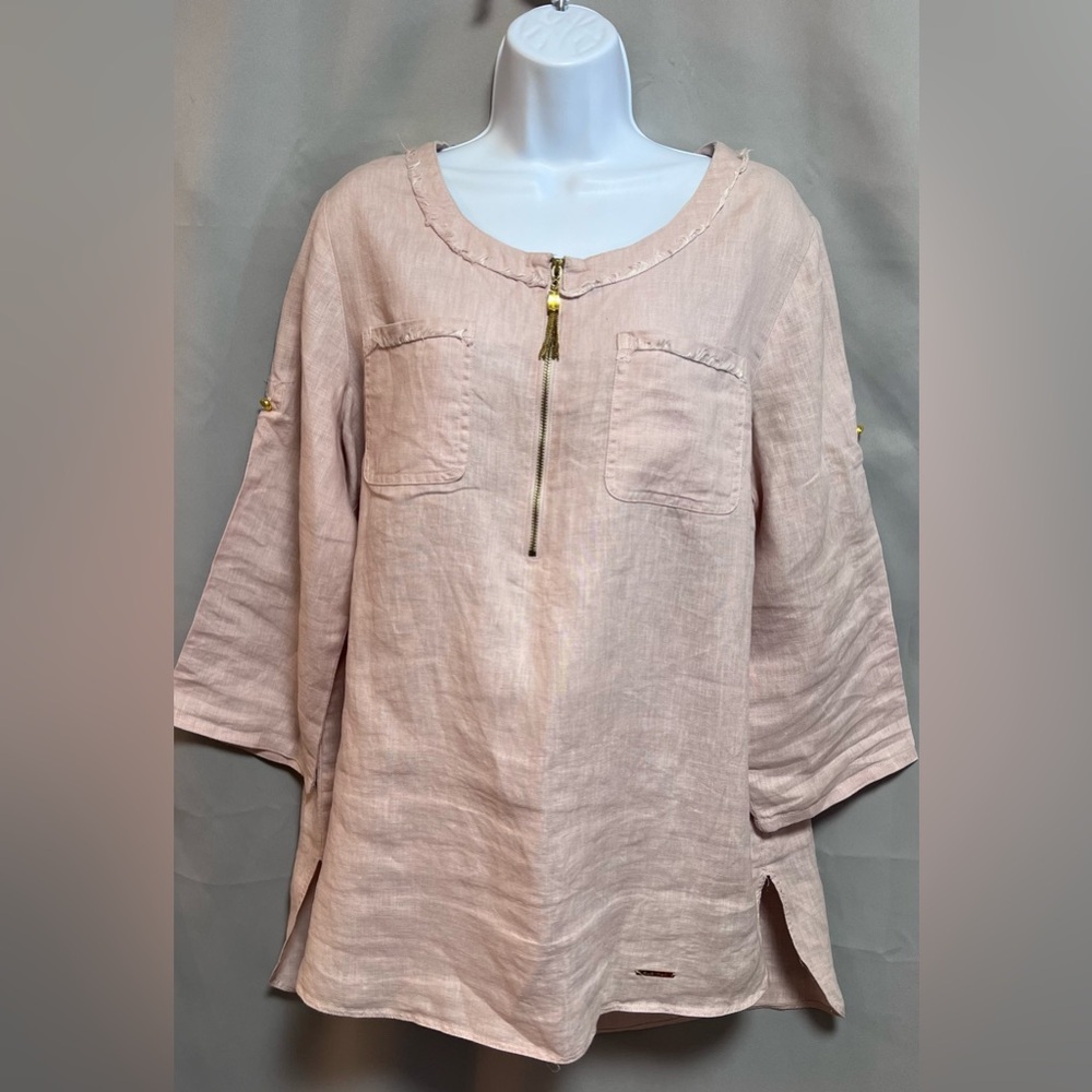 Ellen‎ Tracy 100% Linen Blouse Women's Sz L Pullover Peach Pink Roll Tab Sleeve